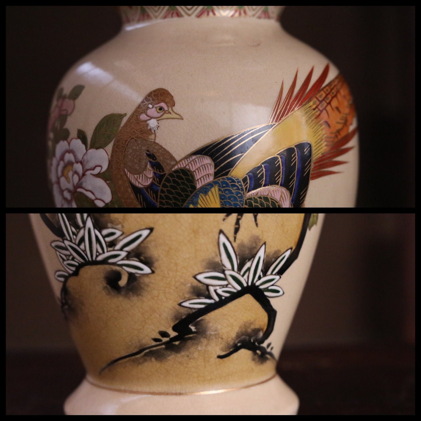 Japanese vintage SATSUMA ware porcelain vase flower with A couple of pheasants hand painting kiln ceramic craft H9.8×6.3in/H25×16cm