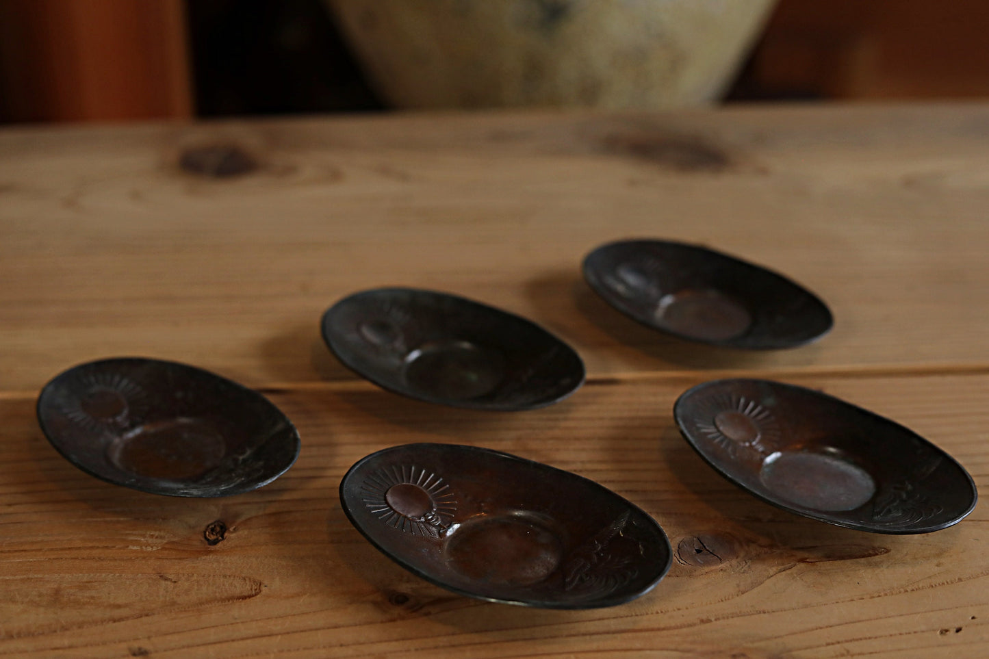 Japan antique bronze cup holder saucers set five CHATAKU with Phoenix Divine Mirror design Sencha hand metal craft 1900s 4.6×3in/11.6×7.5cm
