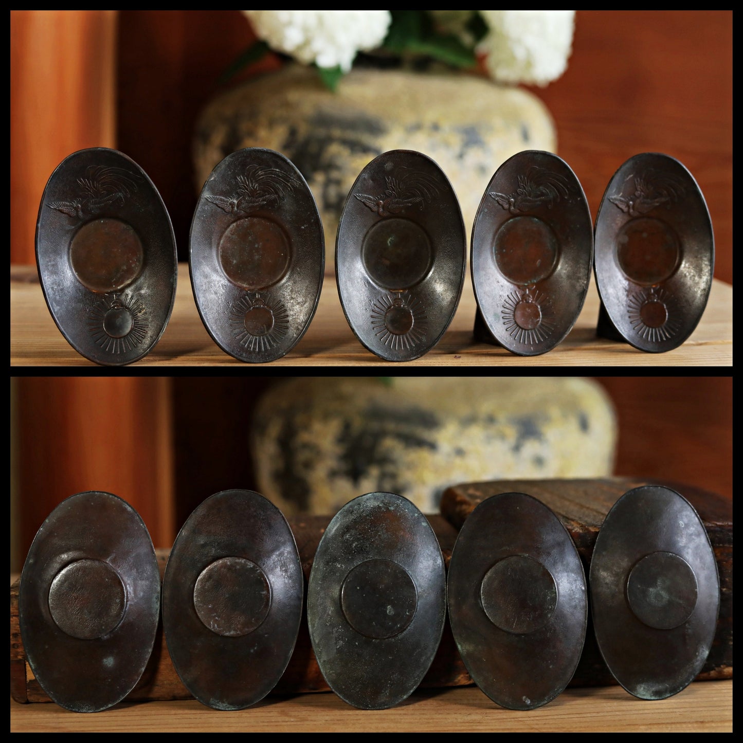 Japan antique bronze cup holder saucers set five CHATAKU with Phoenix Divine Mirror design Sencha hand metal craft 1900s 4.6×3in/11.6×7.5cm