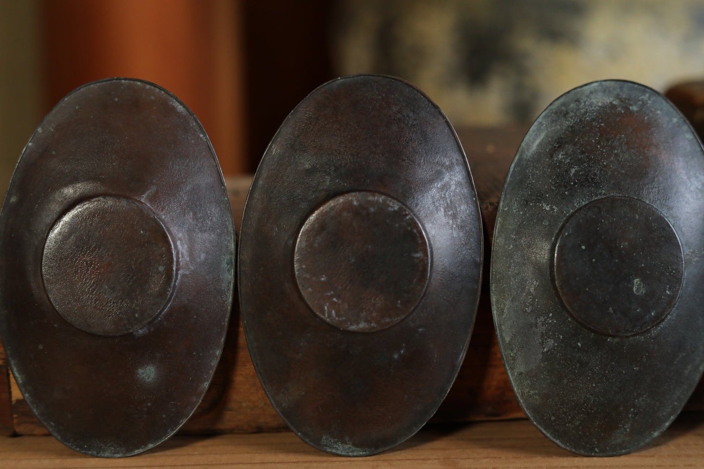 Japan antique bronze cup holder saucers set five CHATAKU with Phoenix Divine Mirror design Sencha hand metal craft 1900s 4.6×3in/11.6×7.5cm