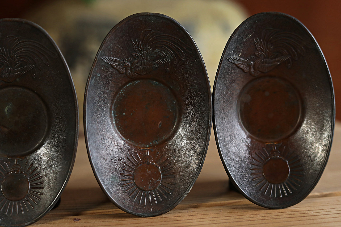 Japan antique bronze cup holder saucers set five CHATAKU with Phoenix Divine Mirror design Sencha hand metal craft 1900s 4.6×3in/11.6×7.5cm