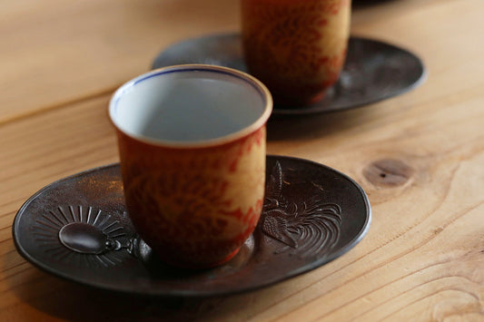 Japan antique bronze cup holder saucers set five CHATAKU with Phoenix Divine Mirror design Sencha hand metal craft 1900s 4.6×3in/11.6×7.5cm