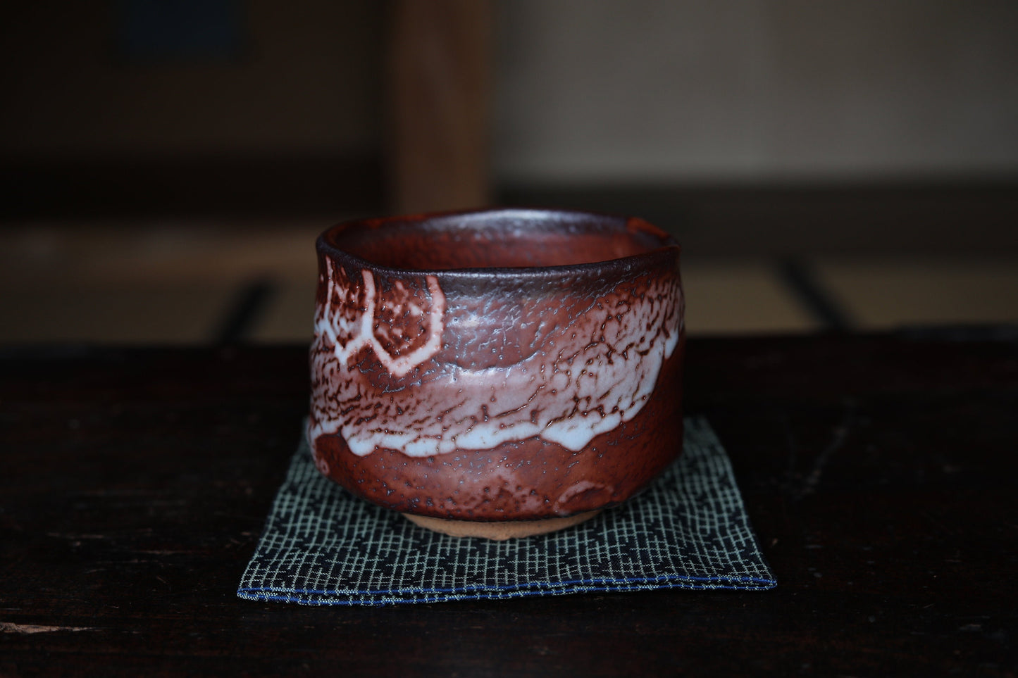 Fine green tea bowl Japanese antique CHAWAN "SHINO" ware handmade Matcha Tea Cup Tea Ceremony ceramic with Wood box signature W4.5in/11.5cm