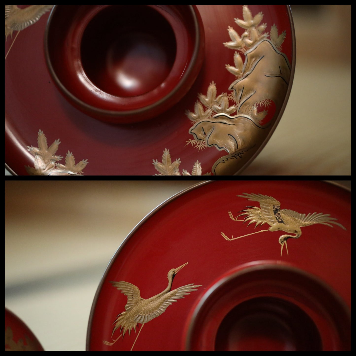 Japanese Antique sakazuki urushi sake set of 3 red gold lacquer MAKIE wooden sake cups with bards crane and pine trees 1800s