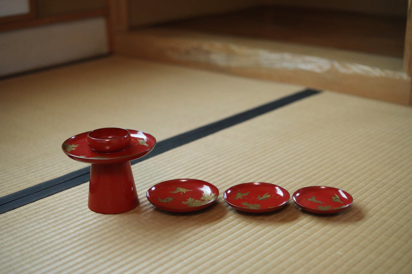 Japanese Antique sakazuki urushi sake set of 3 red gold lacquer MAKIE wooden sake cups with bards crane and pine trees 1800s