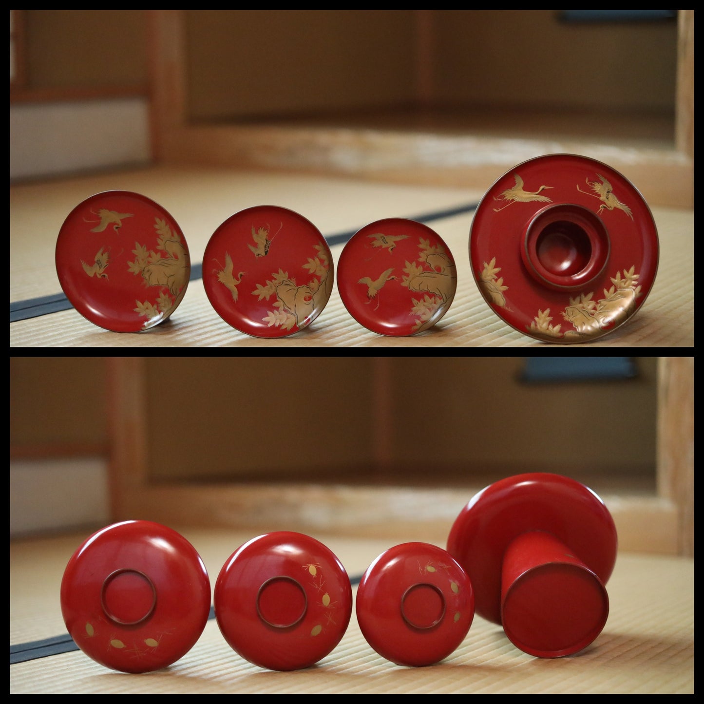 Japanese Antique sakazuki urushi sake set of 3 red gold lacquer MAKIE wooden sake cups with bards crane and pine trees 1800s