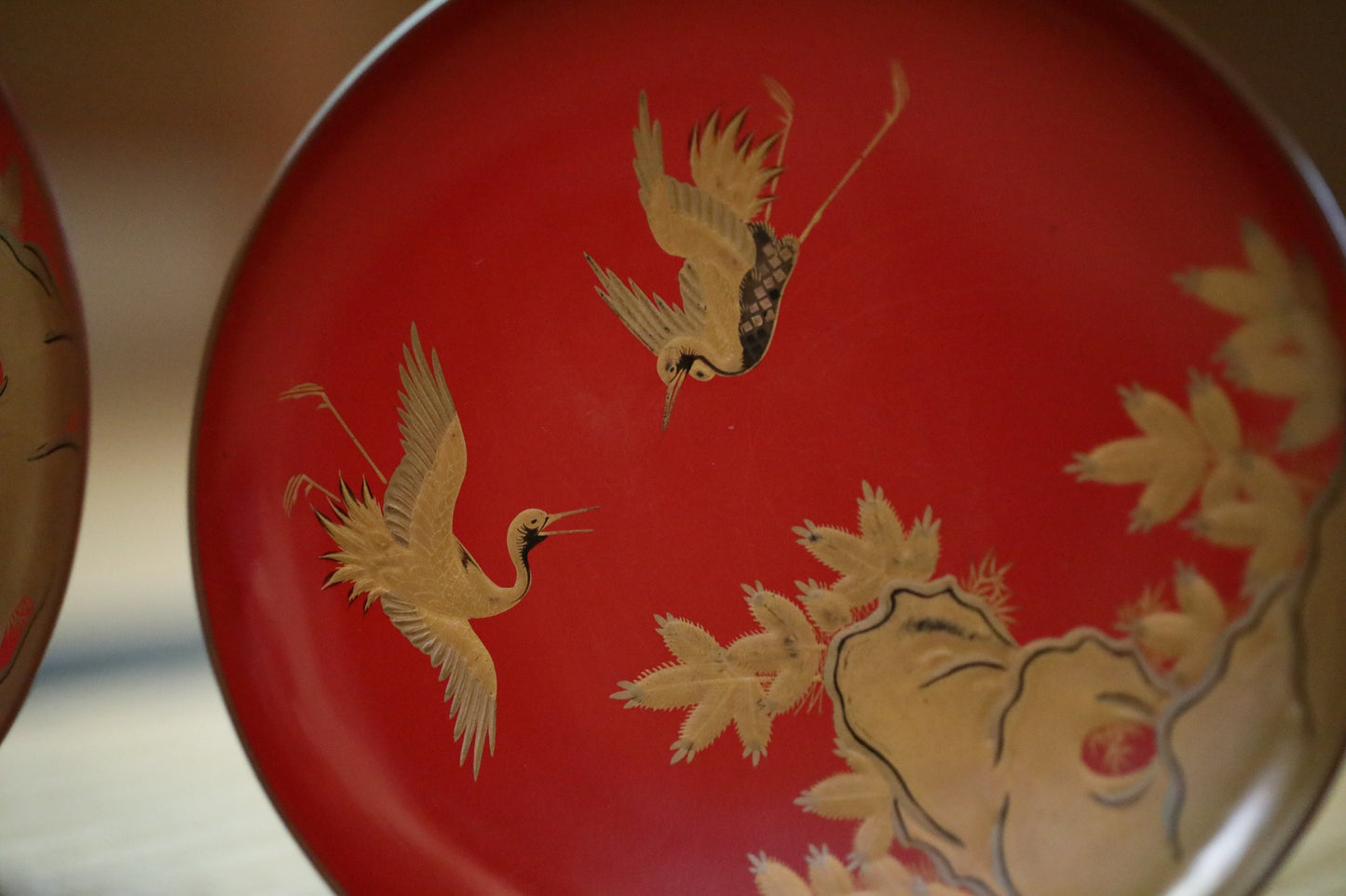 Japanese Antique sakazuki urushi sake set of 3 red gold lacquer MAKIE wooden sake cups with bards crane and pine trees 1800s