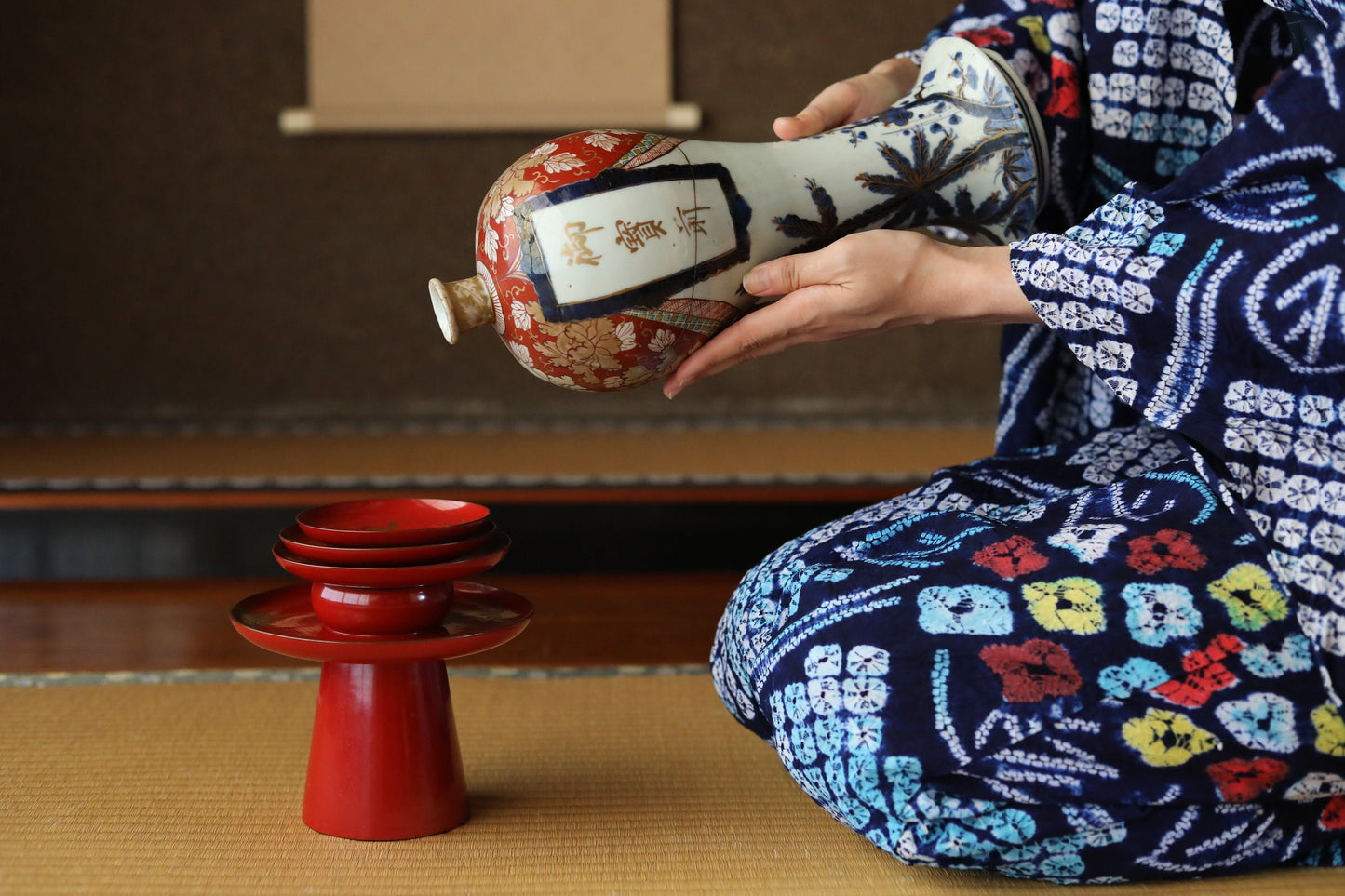 Japanese Antique sakazuki urushi sake set of 3 red gold lacquer MAKIE wooden sake cups with bards crane and pine trees 1800s