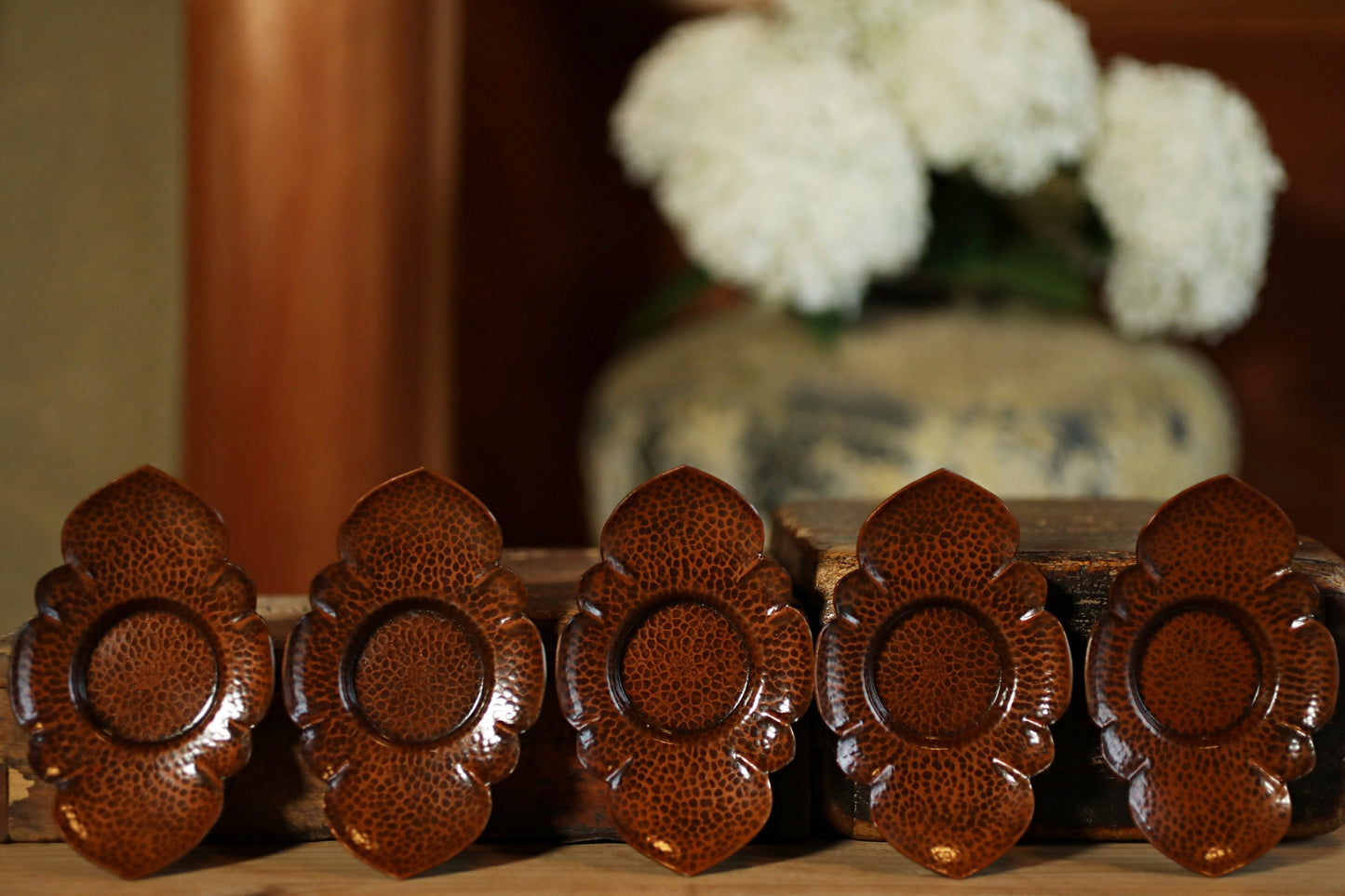FINE! Japanese bronze copper cup holder saucers set 5 five CHATAKU with Flower design Sencha hand metal craft Tea coasters 4.7×3.1in/12×8cm