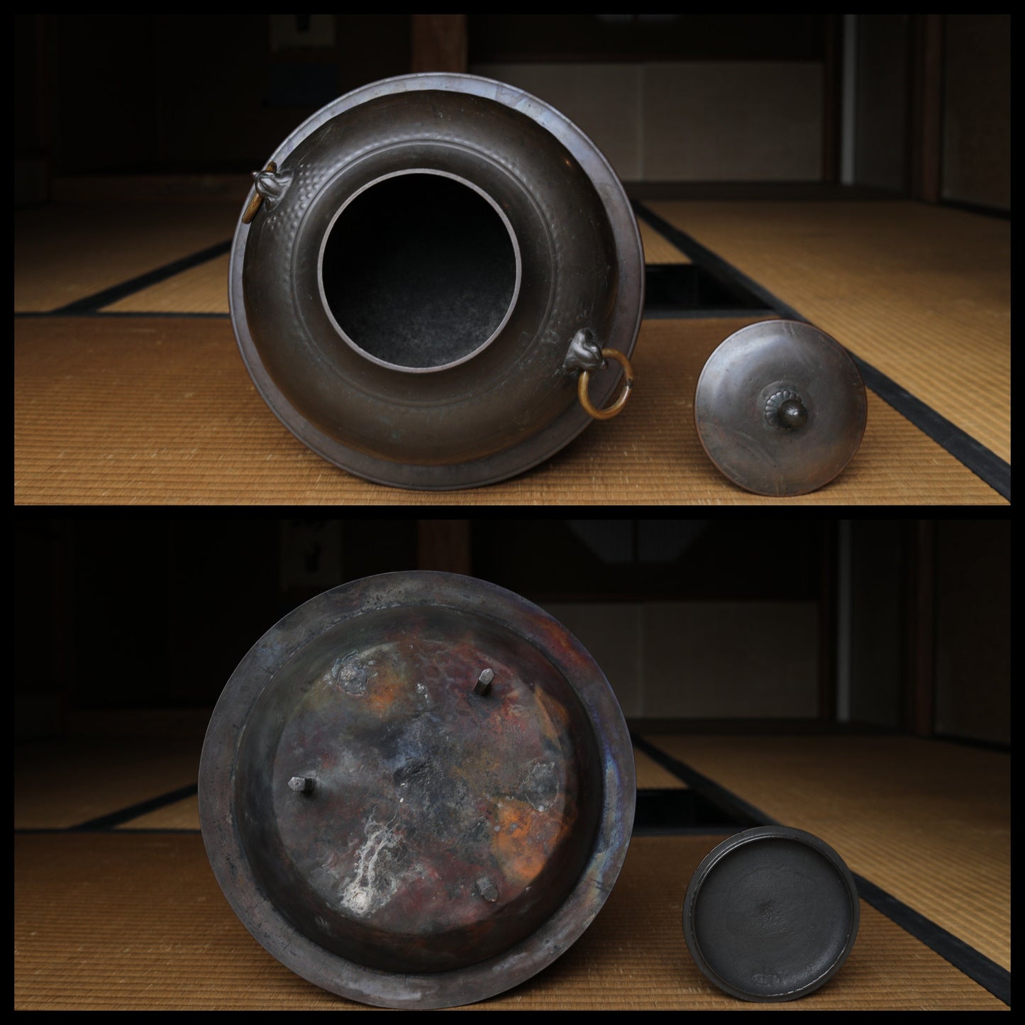 RARE! Japanese antique bronze kettle For Tea ceremony with handle with Japanese Kanji coins design 1800s W11.8in/W30cm