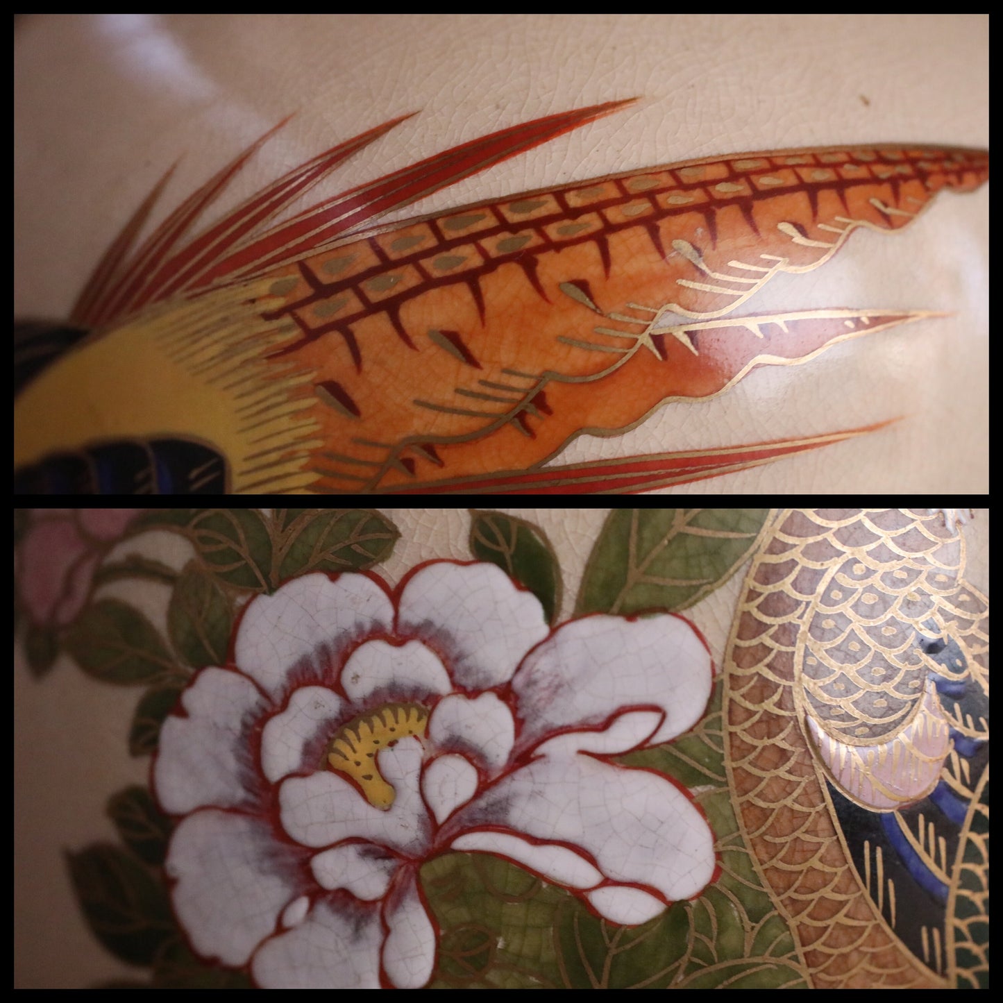 Japanese vintage SATSUMA ware porcelain vase flower with A couple of pheasants hand painting kiln ceramic craft H9.8×6.3in/H25×16cm