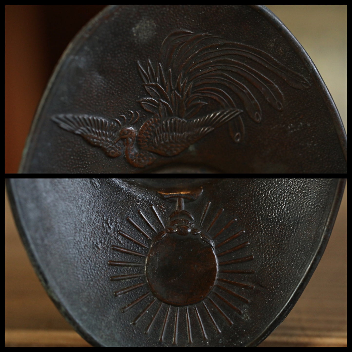Japan antique bronze cup holder saucers set five CHATAKU with Phoenix Divine Mirror design Sencha hand metal craft 1900s 4.6×3in/11.6×7.5cm