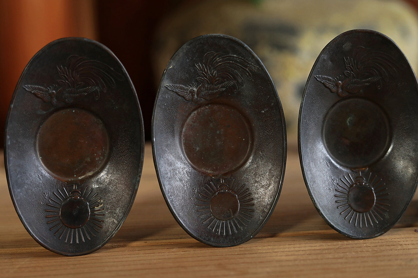 Japan antique bronze cup holder saucers set five CHATAKU with Phoenix Divine Mirror design Sencha hand metal craft 1900s 4.6×3in/11.6×7.5cm