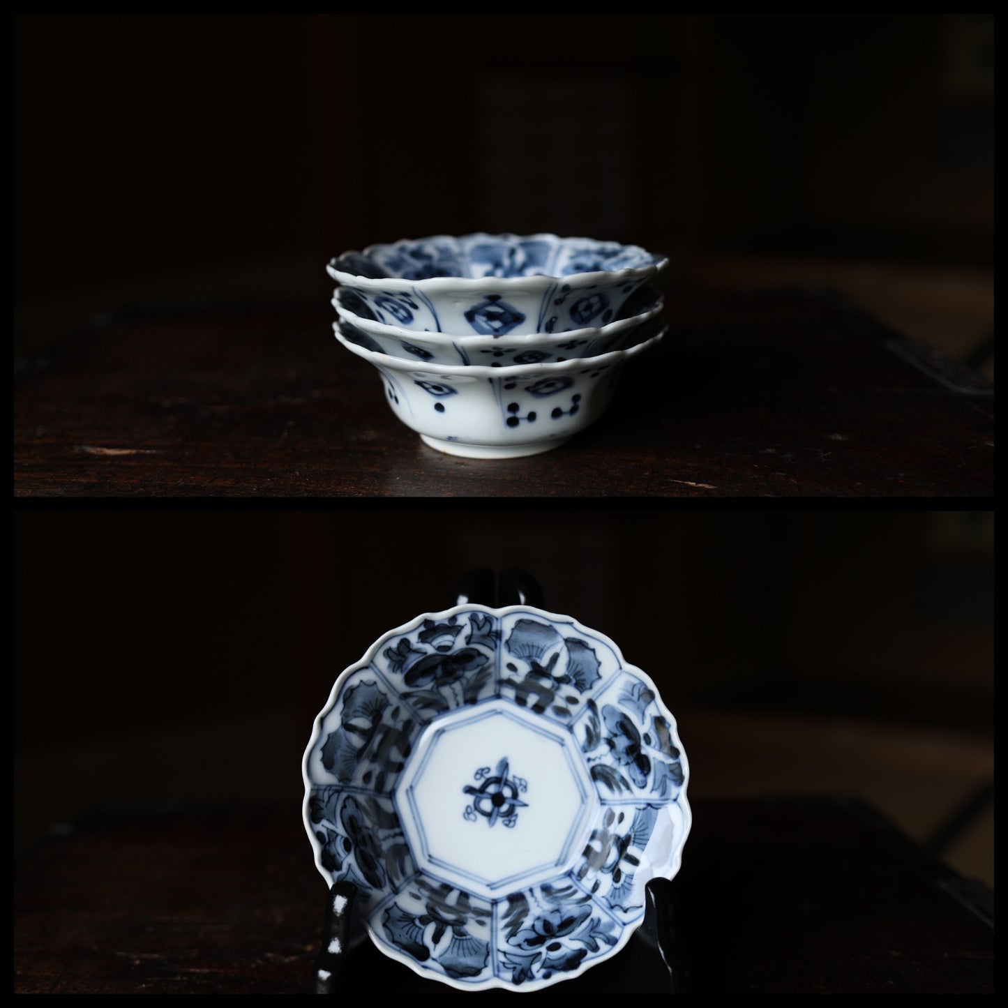 Japanese antique 1910s IMARI set of three 3 bowls porcelain kiln craft hand paint Indigo Blue White plate vessel Sometsuke silver repaired