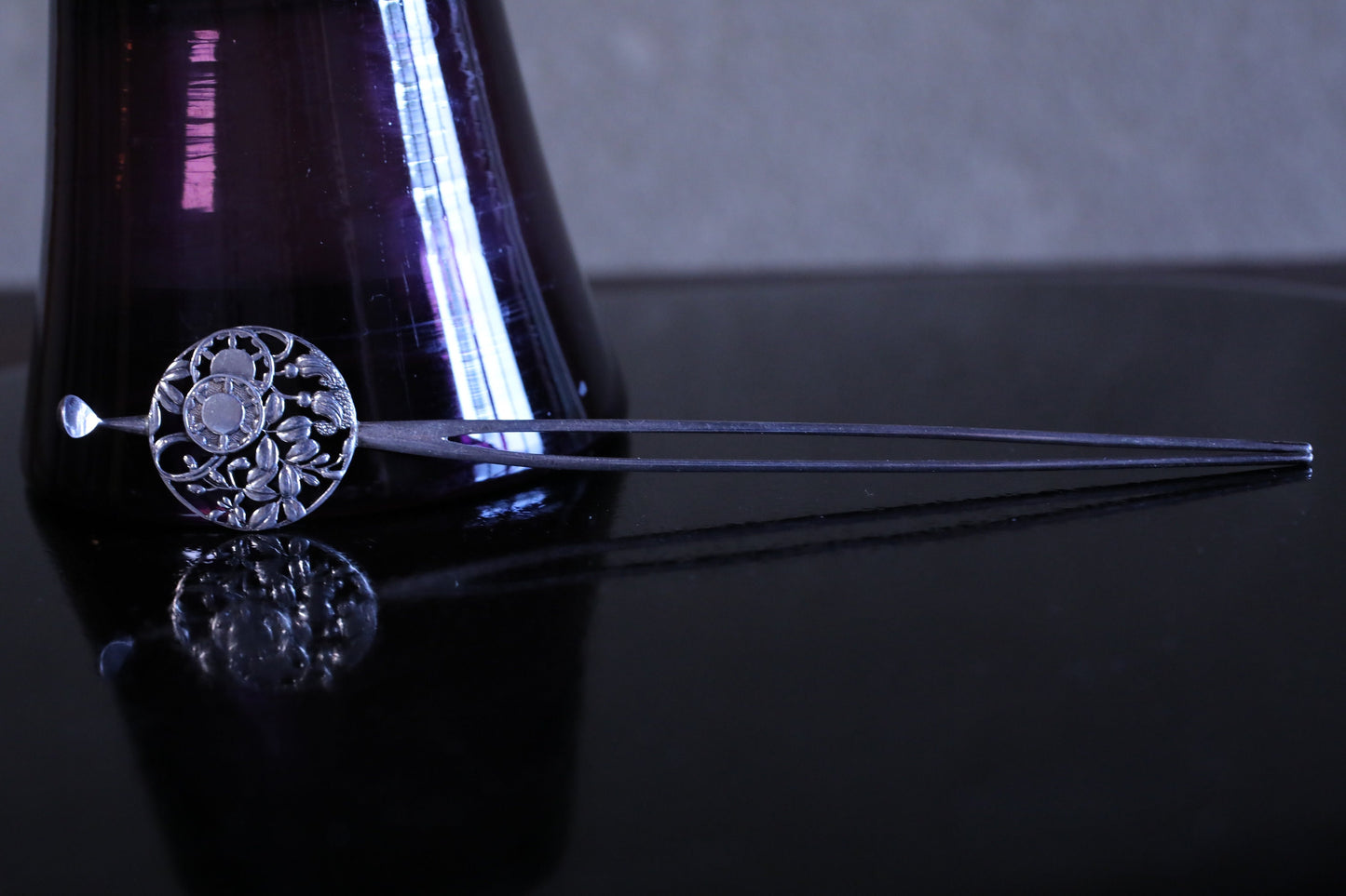 FINE! Japanese Antique hairpin KIMONO accessories made of Tin metal openwork, Floral Plant pattern"Kanzashi" hatpin 6.5in/16.5cm 1900s