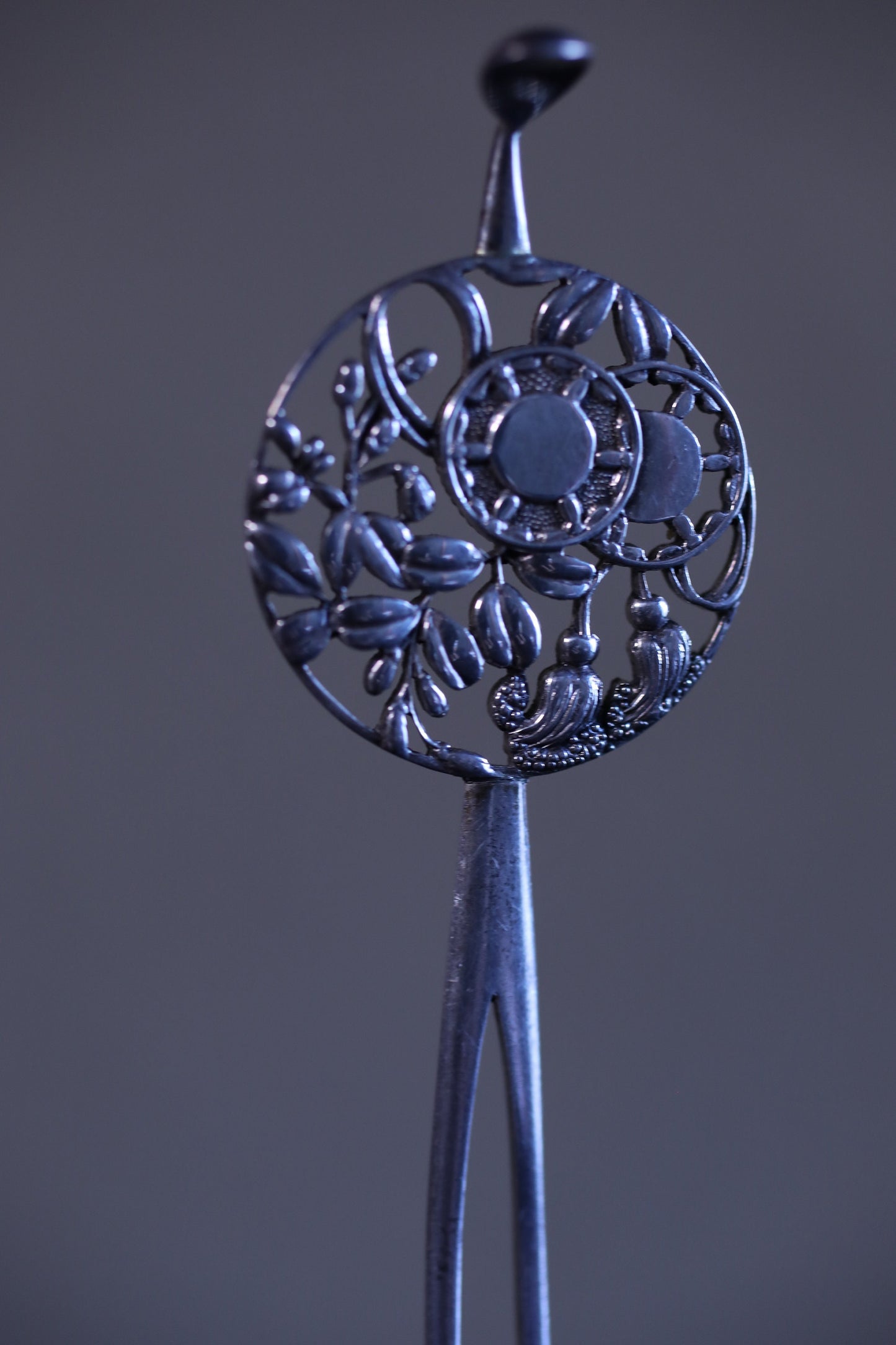 FINE! Japanese Antique hairpin KIMONO accessories made of Tin metal openwork, Floral Plant pattern"Kanzashi" hatpin 6.5in/16.5cm 1900s