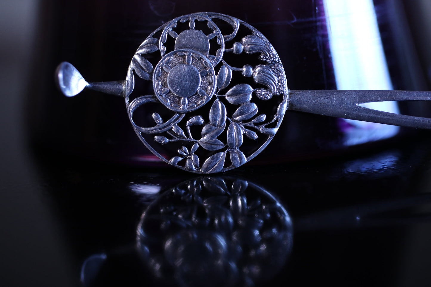 FINE! Japanese Antique hairpin KIMONO accessories made of Tin metal openwork, Floral Plant pattern"Kanzashi" hatpin 6.5in/16.5cm 1900s