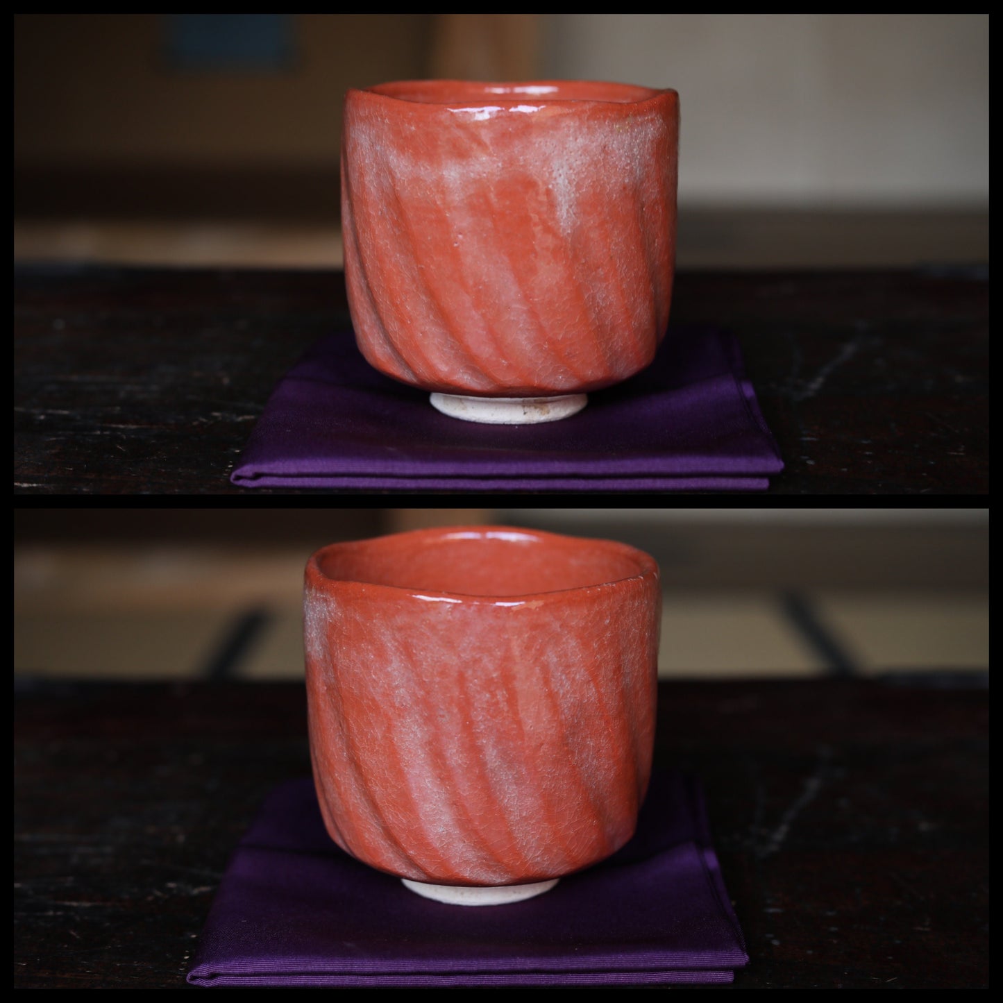 Fine green tea bowl Japanese antique CHAWAN Red raku "AKA-RAKU" Kanji signature handmade Matcha Tea Cup Tea Ceremony pottery with