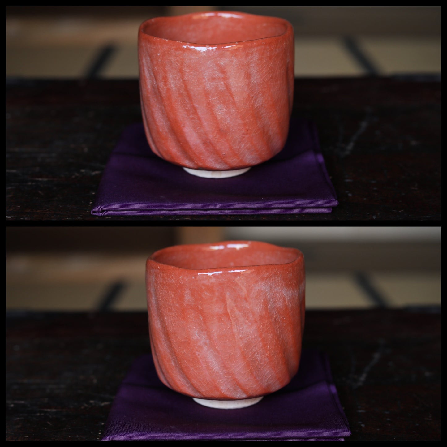Fine green tea bowl Japanese antique CHAWAN Red raku "AKA-RAKU" Kanji signature handmade Matcha Tea Cup Tea Ceremony pottery with