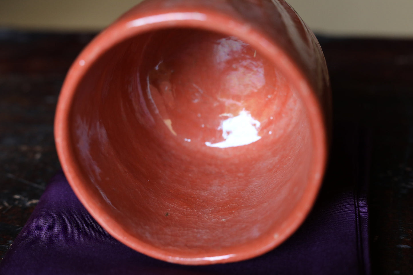Fine green tea bowl Japanese antique CHAWAN Red raku "AKA-RAKU" Kanji signature handmade Matcha Tea Cup Tea Ceremony pottery with