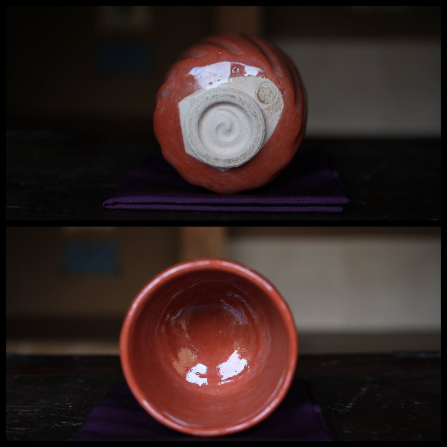 Fine green tea bowl Japanese antique CHAWAN Red raku "AKA-RAKU" Kanji signature handmade Matcha Tea Cup Tea Ceremony pottery with