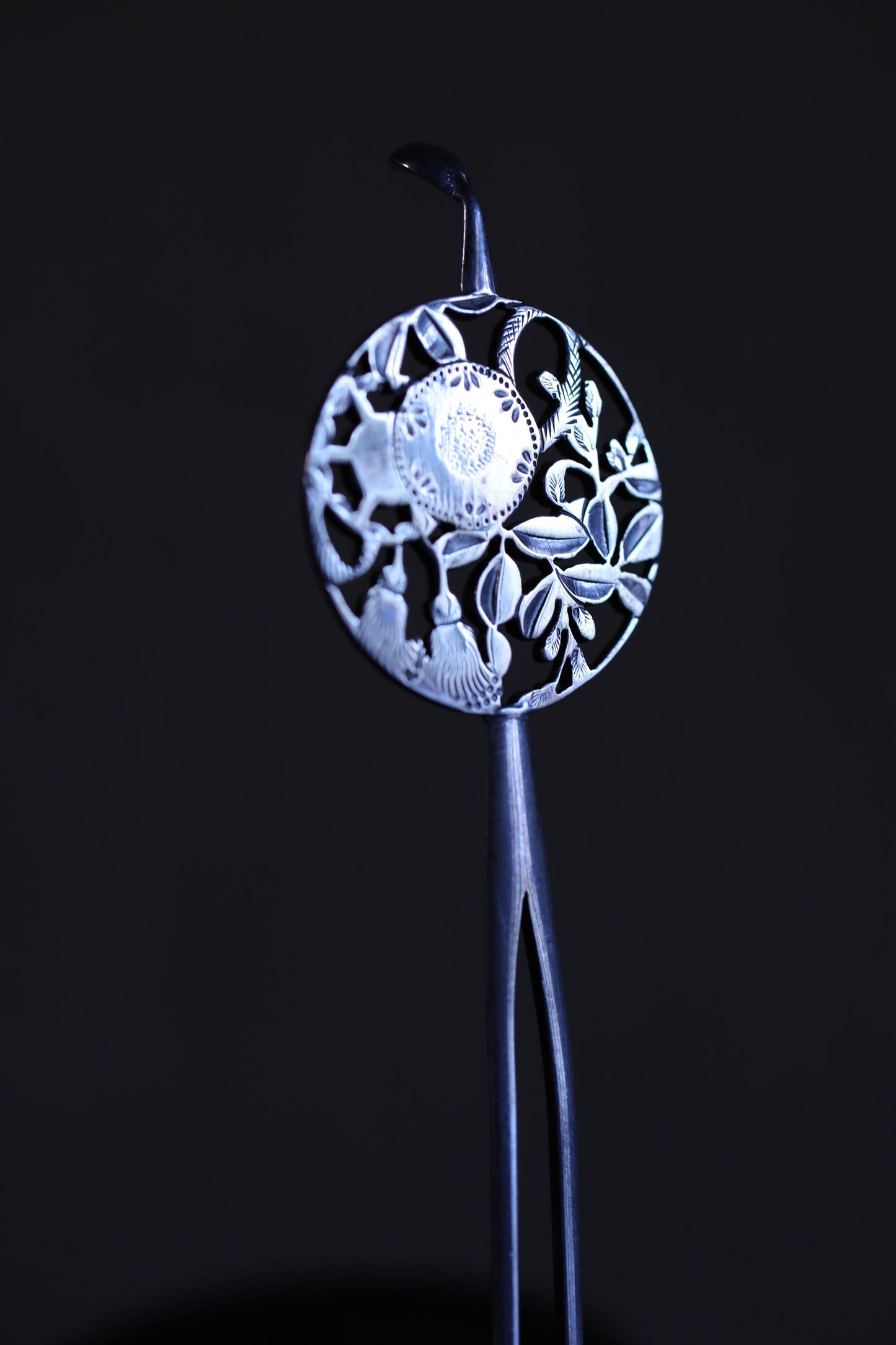 FINE! Japanese Antique hairpin KIMONO accessories made of Tin metal openwork, Floral Plant pattern"Kanzashi" hatpin 6.5in/16.5cm 1900s