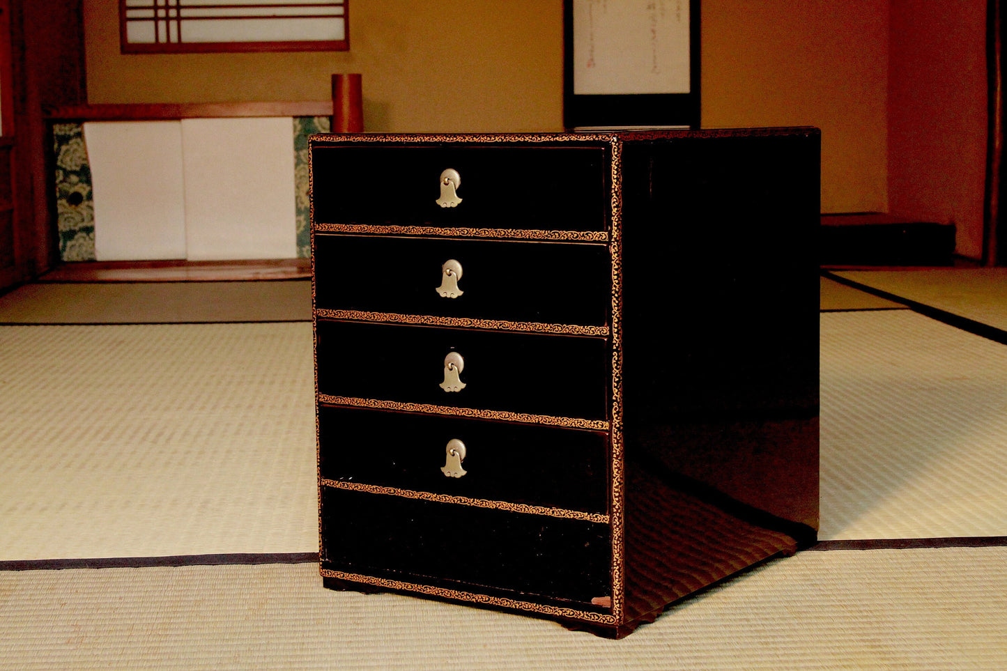 RARE! Japan antique furniture from Buddhism temple, Small Chest of drawers black lacquer Tansu, gold Makie Samurai crest H13.4×W10.2×12.6in