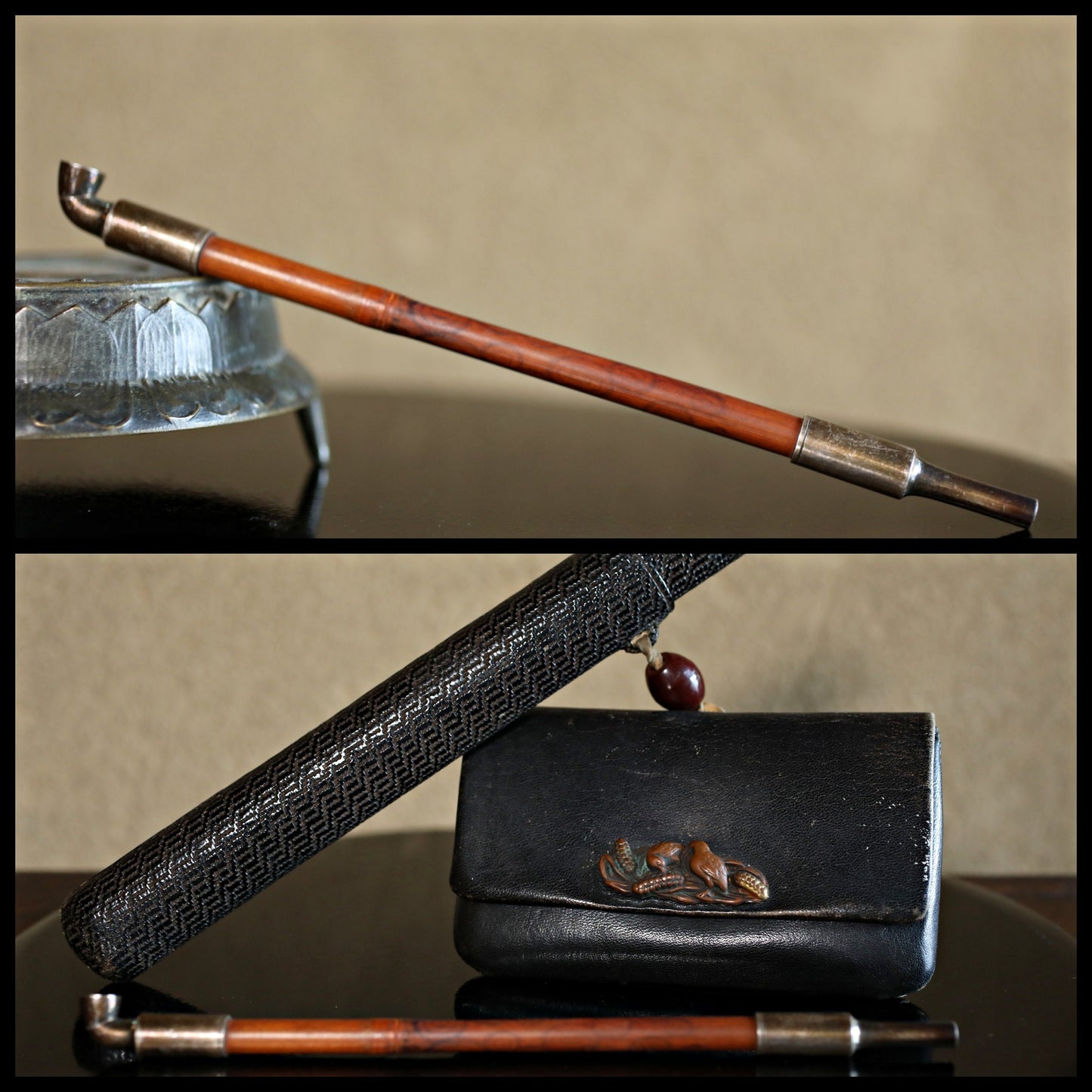 Japanese antique smoking STERLING SILVER pipe set with case and leather tobacco bag Netsuke stone 1910s 8in/20.4cm birds metal craft