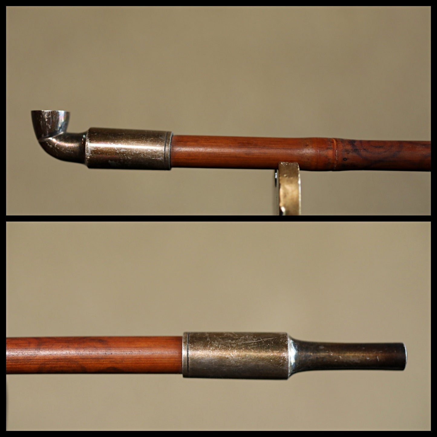 Japanese antique smoking STERLING SILVER pipe set with case and leather tobacco bag Netsuke stone 1910s 8in/20.4cm birds metal craft
