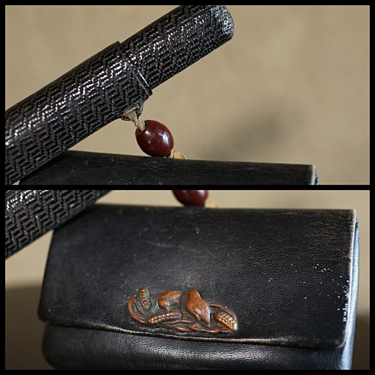 Japanese antique smoking STERLING SILVER pipe set with case and leather tobacco bag Netsuke stone 1910s 8in/20.4cm birds metal craft