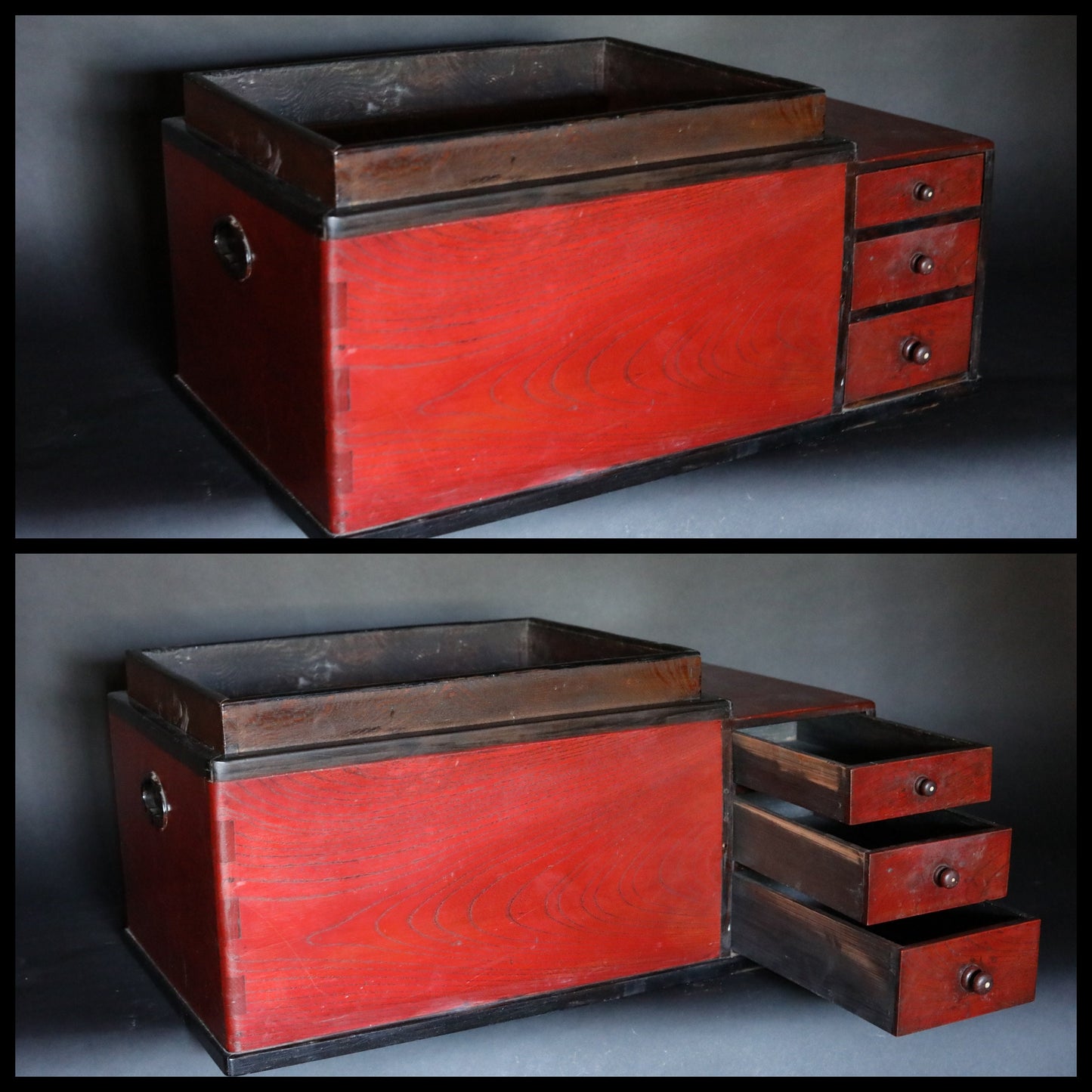 Japanese furniture old wooden HIBACHI Nagahibachi brazier charcoal Fire Holder tea making table cabinet three drawers W27.2/W69cm 1880s