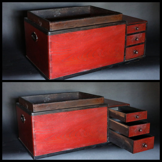 Japanese furniture old wooden HIBACHI Nagahibachi brazier charcoal Fire Holder tea making table cabinet three drawers W27.2/W69cm 1880s