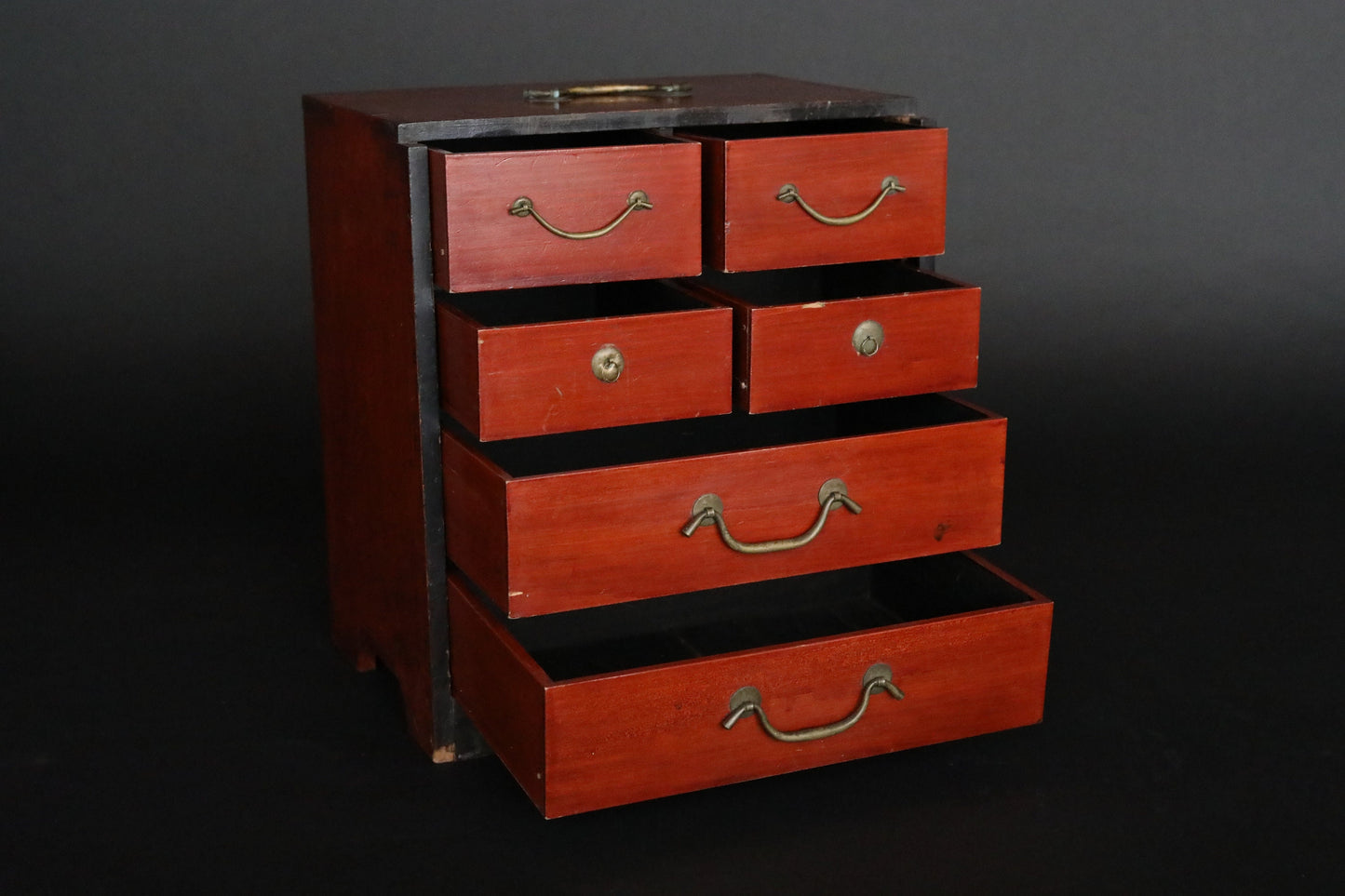 Japanese furniture Antique hanging Box Chest of 6 Drawers Tansu metal clasp cedar Handmade Storage H14.4×W12.8×D9.1in/H36.5×32.5×23cm