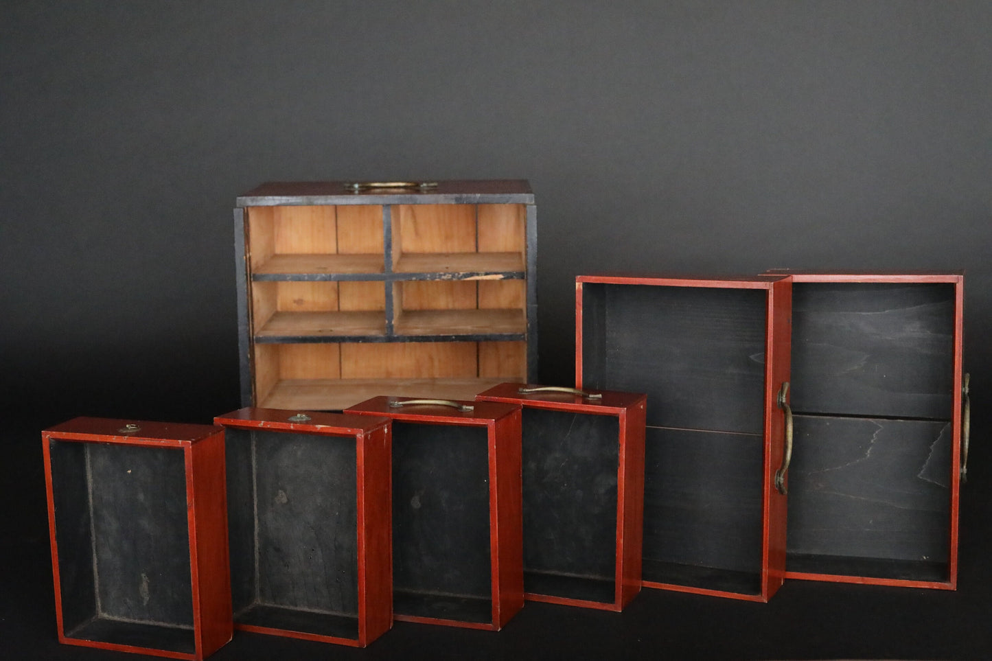 Japanese furniture Antique hanging Box Chest of 6 Drawers Tansu metal clasp cedar Handmade Storage H14.4×W12.8×D9.1in/H36.5×32.5×23cm