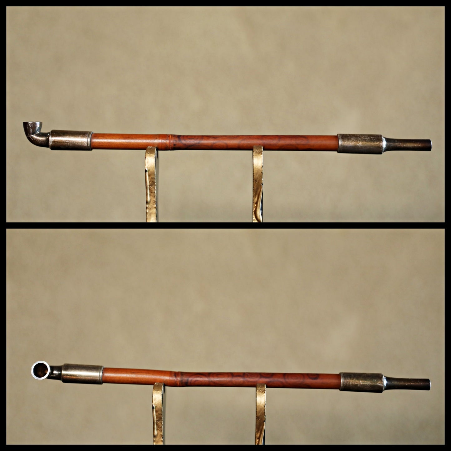 Japanese antique smoking STERLING SILVER pipe set with case and leather tobacco bag Netsuke stone 1910s 8in/20.4cm birds metal craft