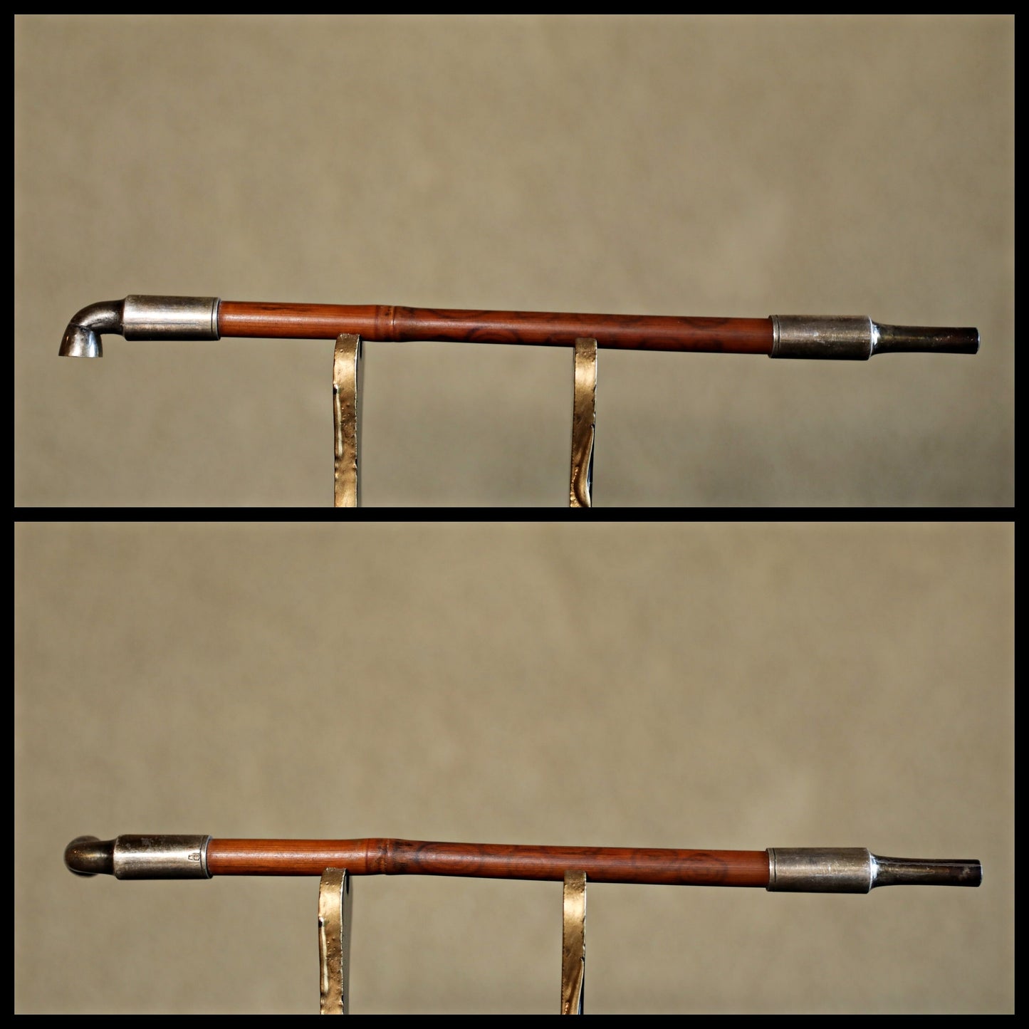Japanese antique smoking STERLING SILVER pipe set with case and leather tobacco bag Netsuke stone 1910s 8in/20.4cm birds metal craft