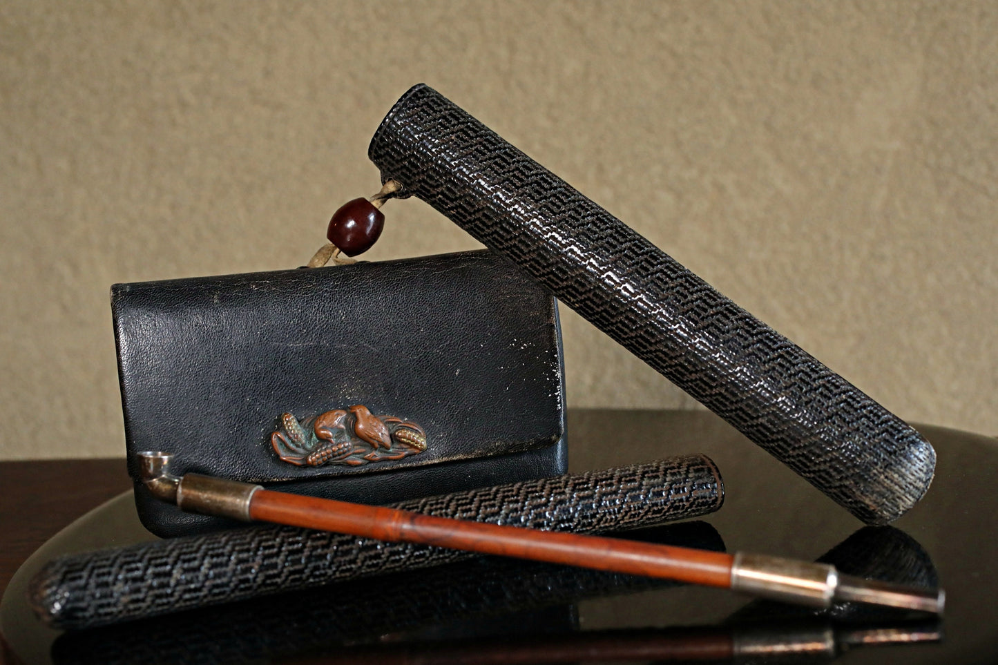 Japanese antique smoking STERLING SILVER pipe set with case and leather tobacco bag Netsuke stone 1910s 8in/20.4cm birds metal craft