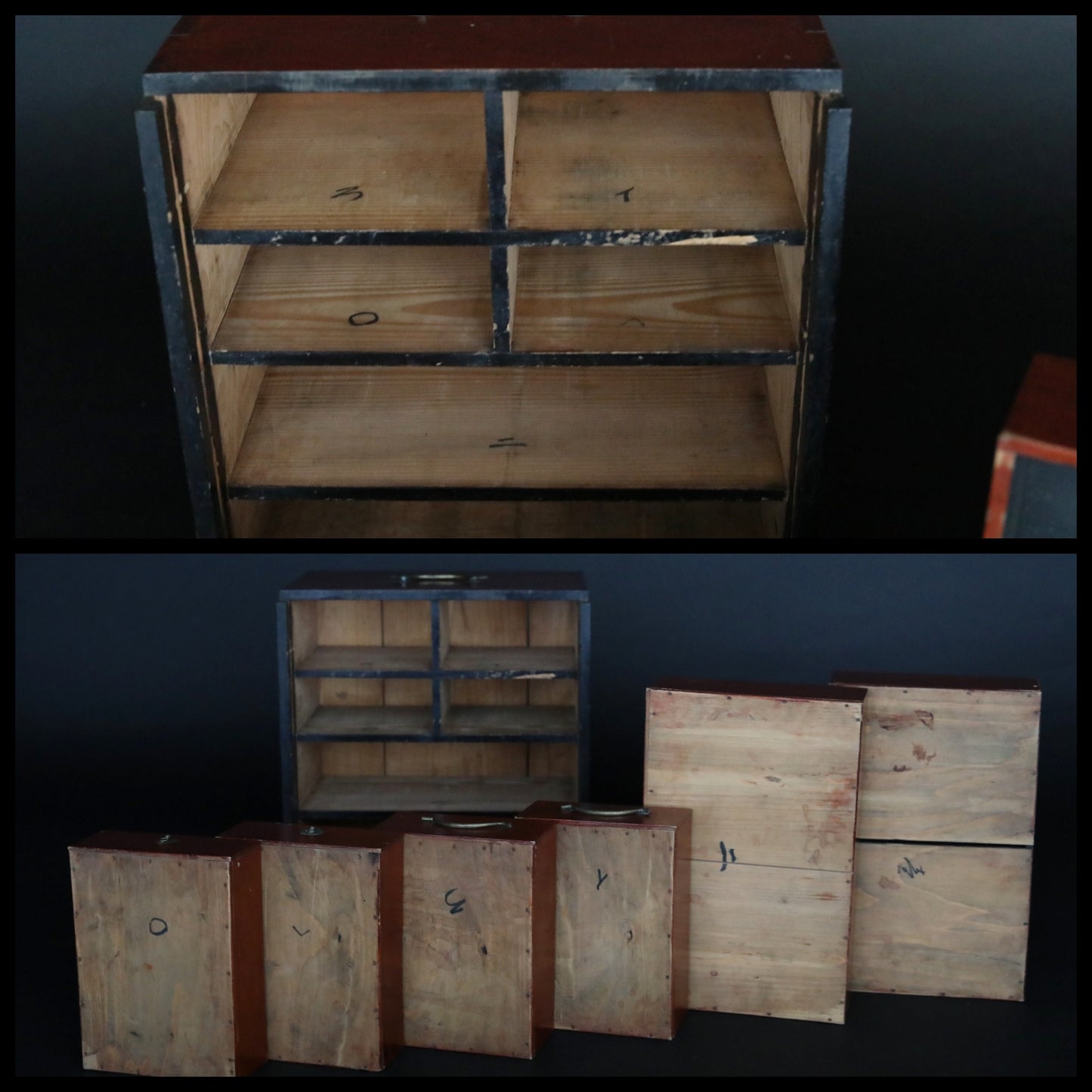 Japanese furniture Antique hanging Box Chest of 6 Drawers Tansu metal clasp cedar Handmade Storage H14.4×W12.8×D9.1in/H36.5×32.5×23cm