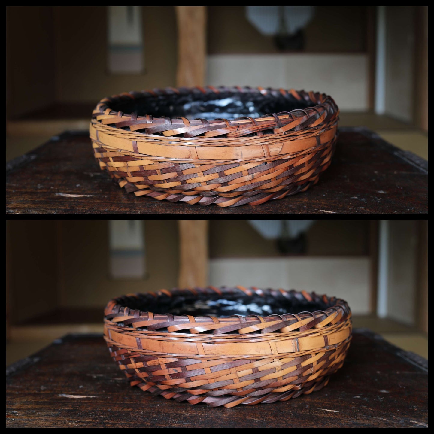 Fine Japanese vintage Hand Woven Bamboo Shallow Square Basket for tea ceremony, basket for charcoal 炭籠SUMI-KAGO 10in/25.5cm MINGEI craft