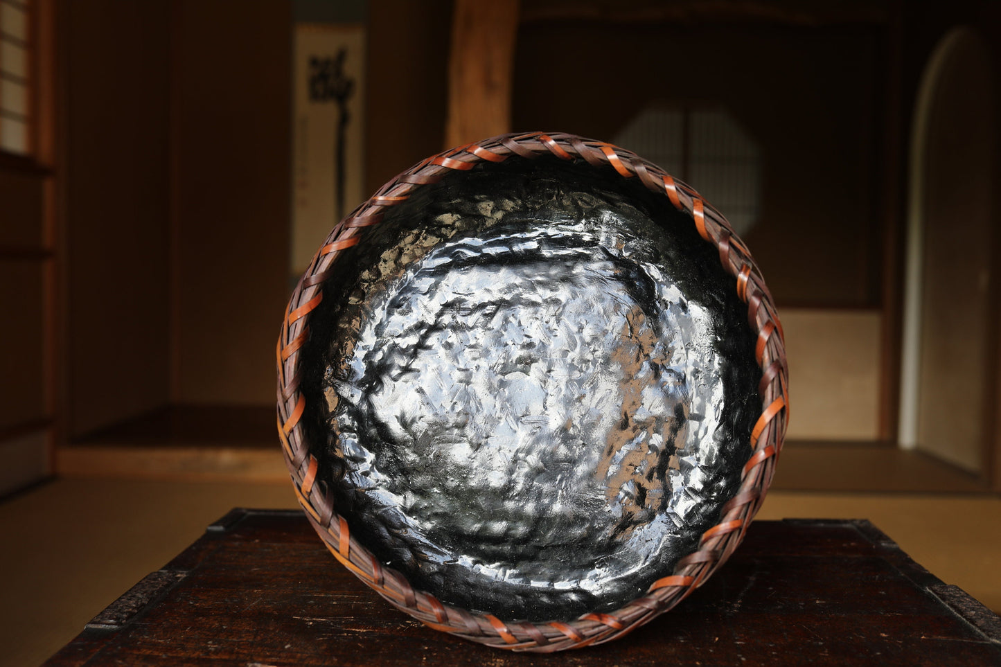 Fine Japanese vintage Hand Woven Bamboo Shallow Square Basket for tea ceremony, basket for charcoal 炭籠SUMI-KAGO 10in/25.5cm MINGEI craft