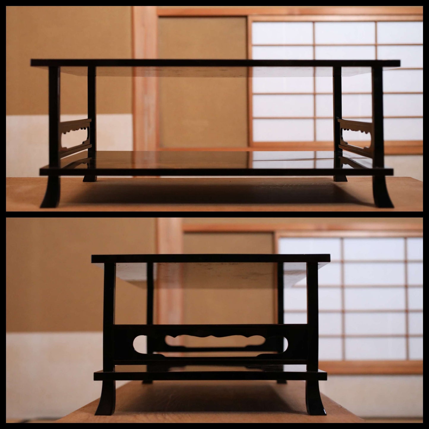 FINE! Japanese antique furniture MAKIE gold low table lacquer pedestal with water pattern, Buddhist Sutra desk H8.7×21.7in/H22×32.5cm