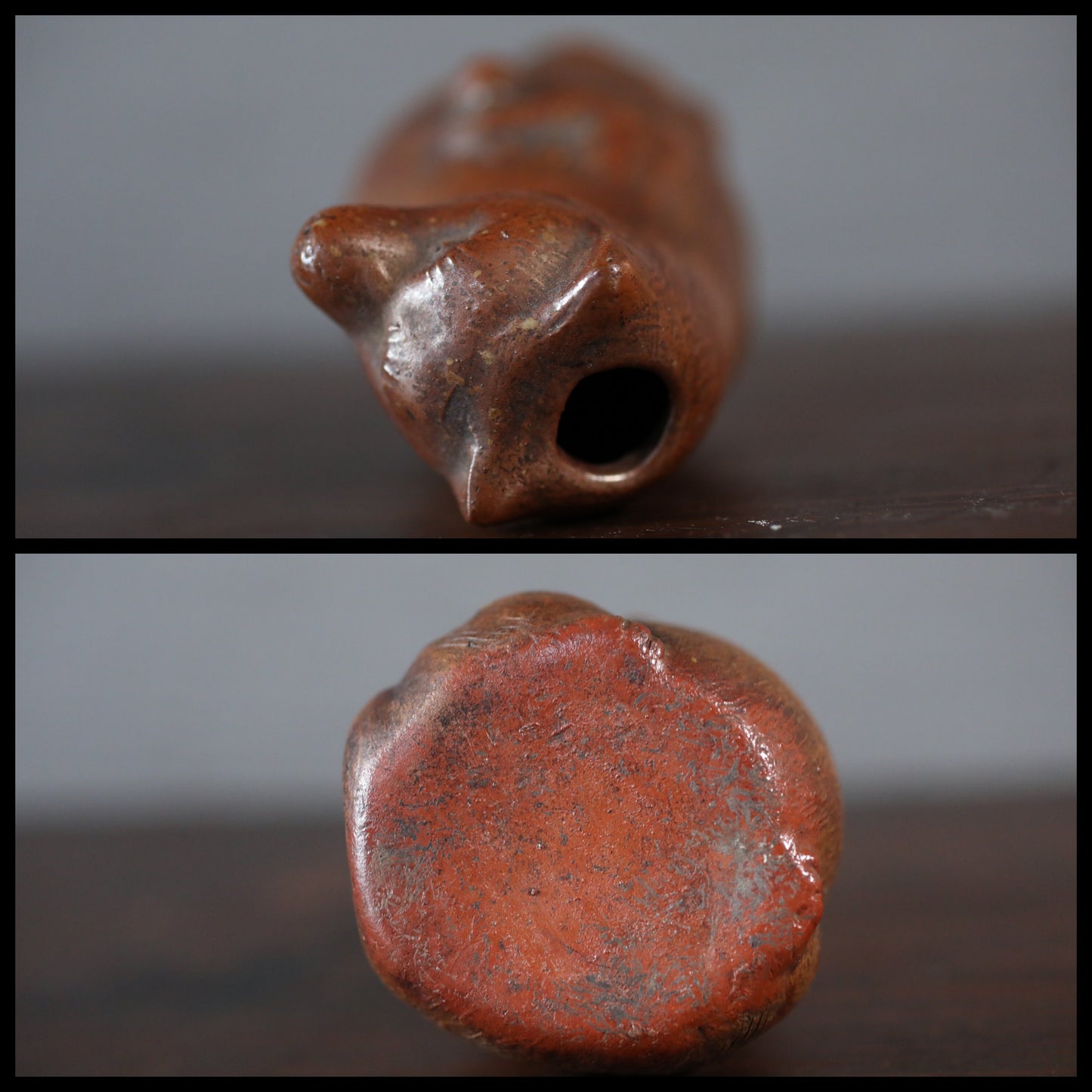 Japanese 1800s antique BIZEN pottery sake bottle doll Tableware old raccoon dog Edo craft animal ornament H5.9in/H15cm