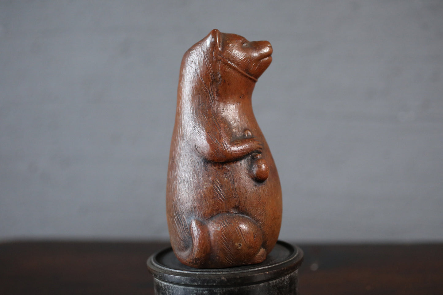 Japanese 1800s antique BIZEN pottery sake bottle doll Tableware old raccoon dog Edo craft animal ornament H5.9in/H15cm