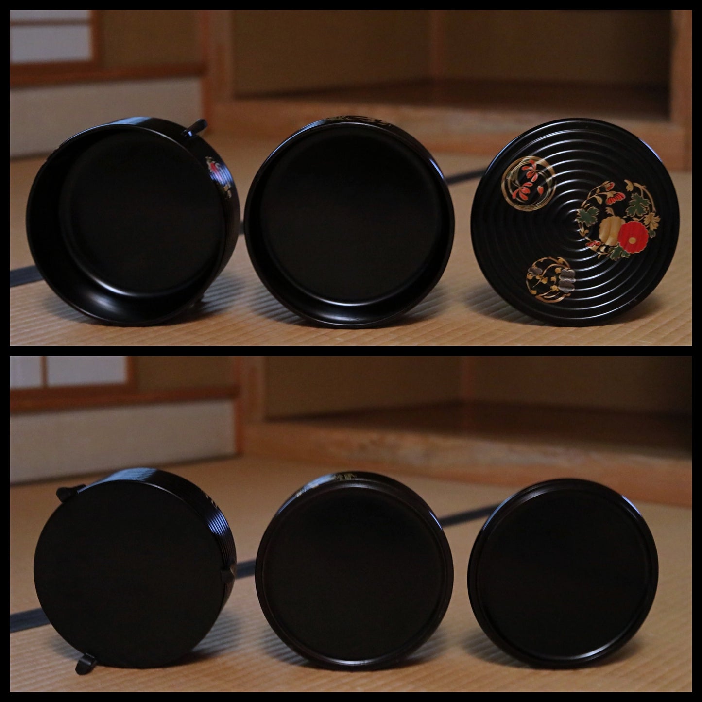 Japanese antique gold Jubako box with flower lacquer MAKIE black gold wooden two-tiered boxes round shape with wooden box W7.4in/W18.8cm