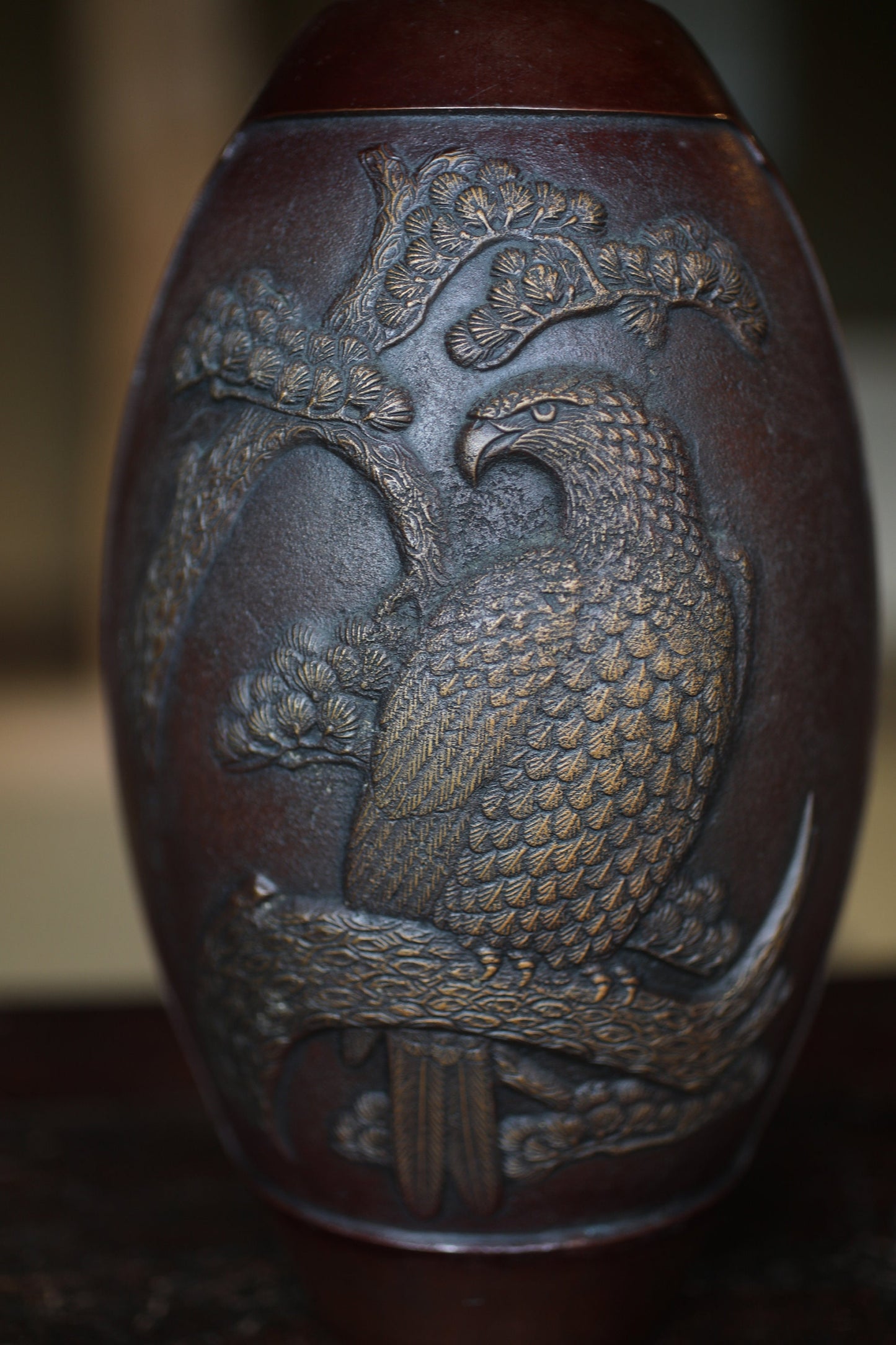 Japanese vintage 1950s bronze vase vase with relieves of Pine Trees and Eagle, lost wax art Takaoka, with Kanji signature H10.6in/H27cm