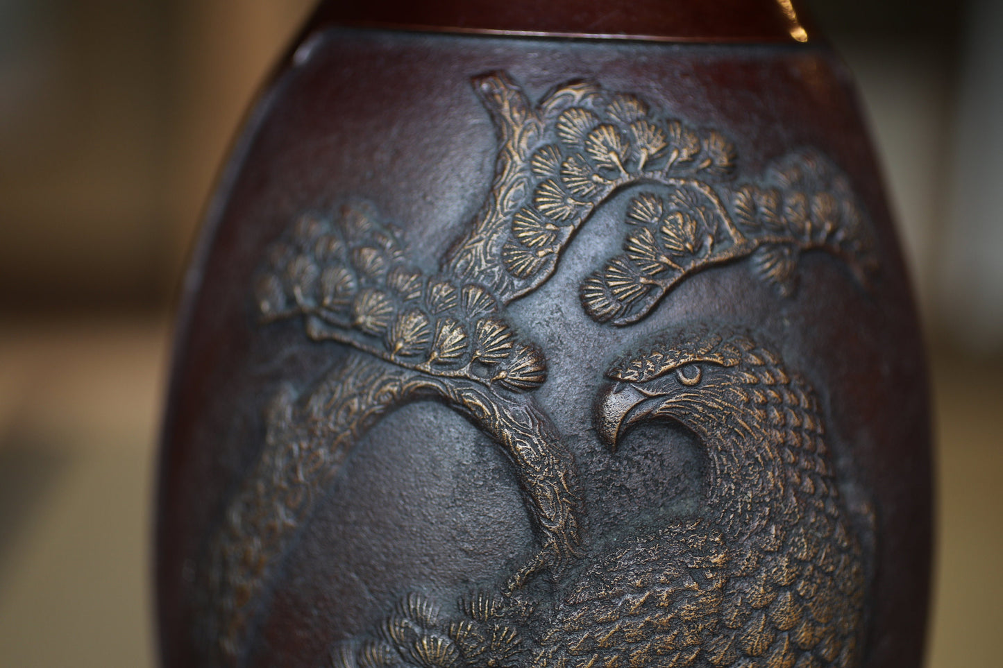 Japanese vintage 1950s bronze vase vase with relieves of Pine Trees and Eagle, lost wax art Takaoka, with Kanji signature H10.6in/H27cm