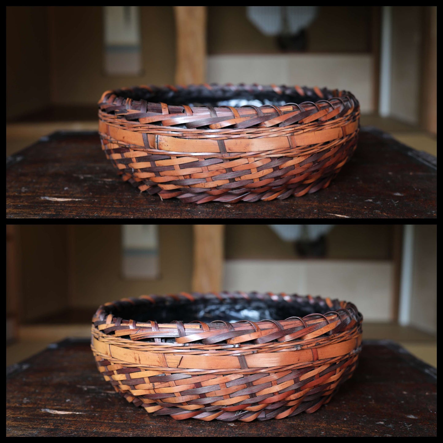 Fine Japanese vintage Hand Woven Bamboo Shallow Square Basket for tea ceremony, basket for charcoal 炭籠SUMI-KAGO 10in/25.5cm MINGEI craft