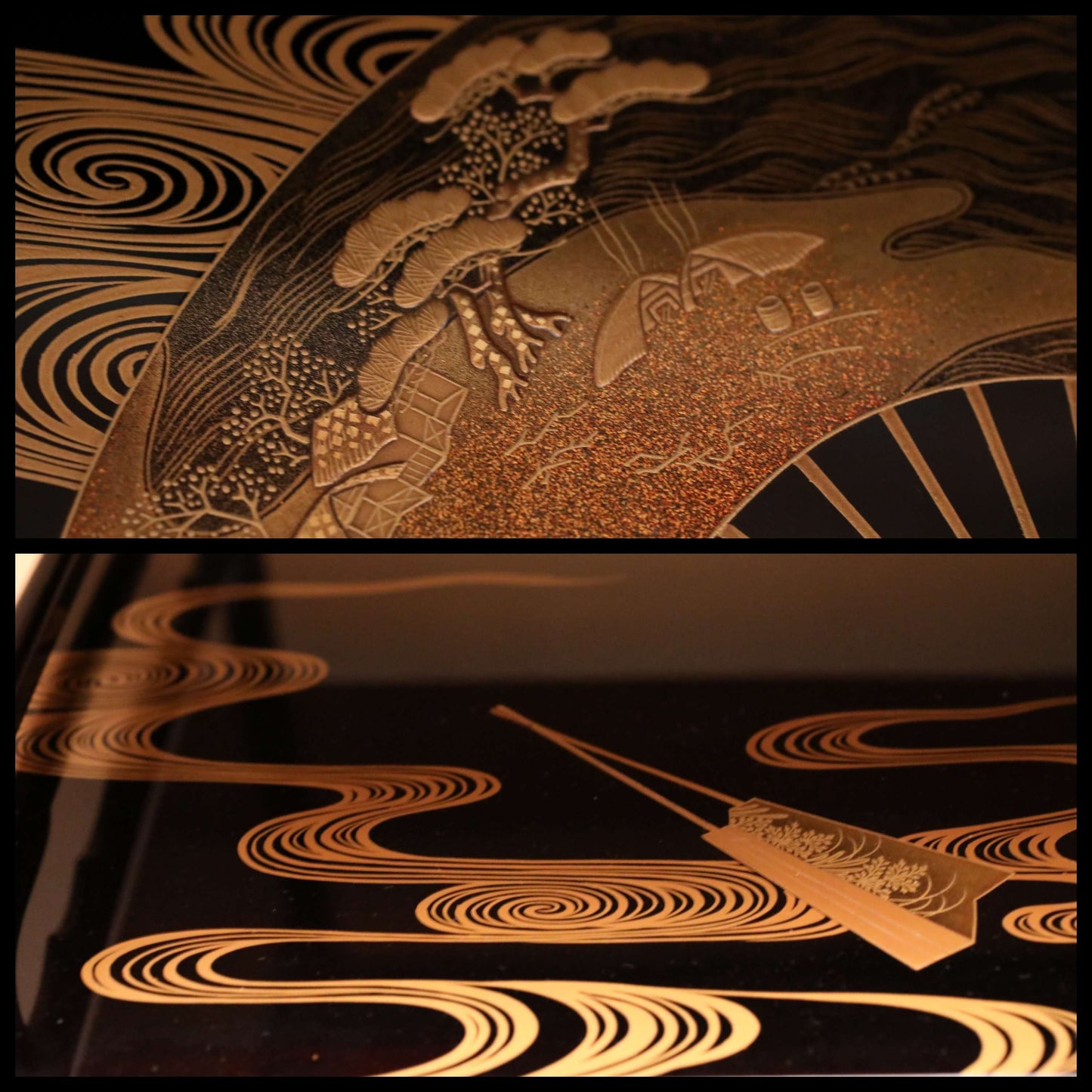 FINE! Japanese antique furniture MAKIE gold low table lacquer pedestal with water pattern, Buddhist Sutra desk H8.7×21.7in/H22×32.5cm
