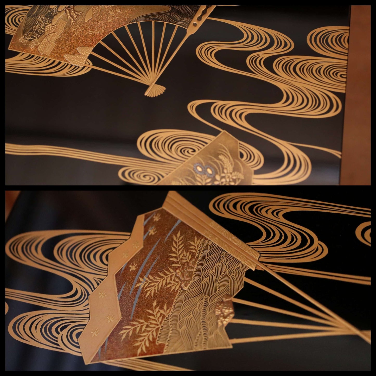 FINE! Japanese antique furniture MAKIE gold low table lacquer pedestal with water pattern, Buddhist Sutra desk H8.7×21.7in/H22×32.5cm