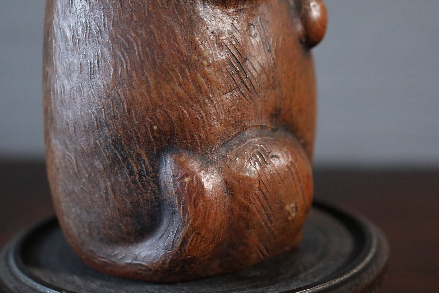 Japanese 1800s antique BIZEN pottery sake bottle doll Tableware old raccoon dog Edo craft animal ornament H5.9in/H15cm
